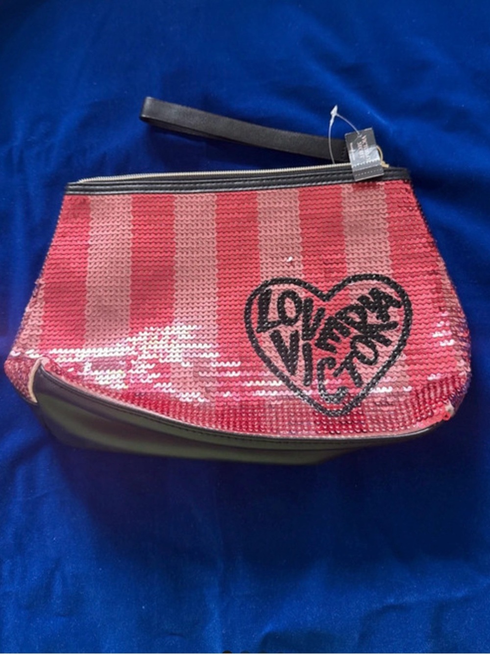 Sequin Pink Stripe Wristlet Pouch with Heart Logo Victoria Secret make up pouch.